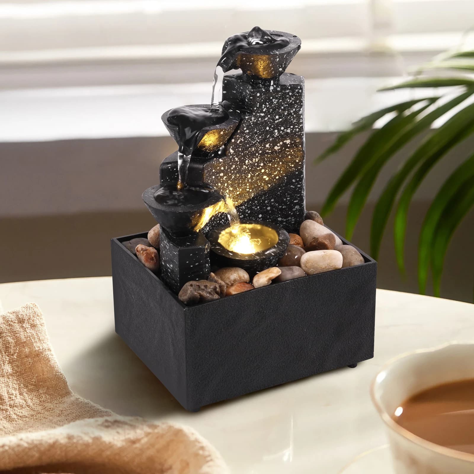 Cascade de table, décoration de maison, Relaxation, méditation, fontaine de bureau avec lumières dou