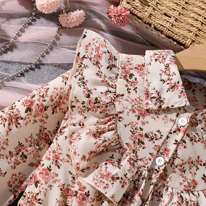 Robe de Style paysan pour filles de 8 à 12 ans, imprimé Floral, revers, ourlet en maille rose, douce