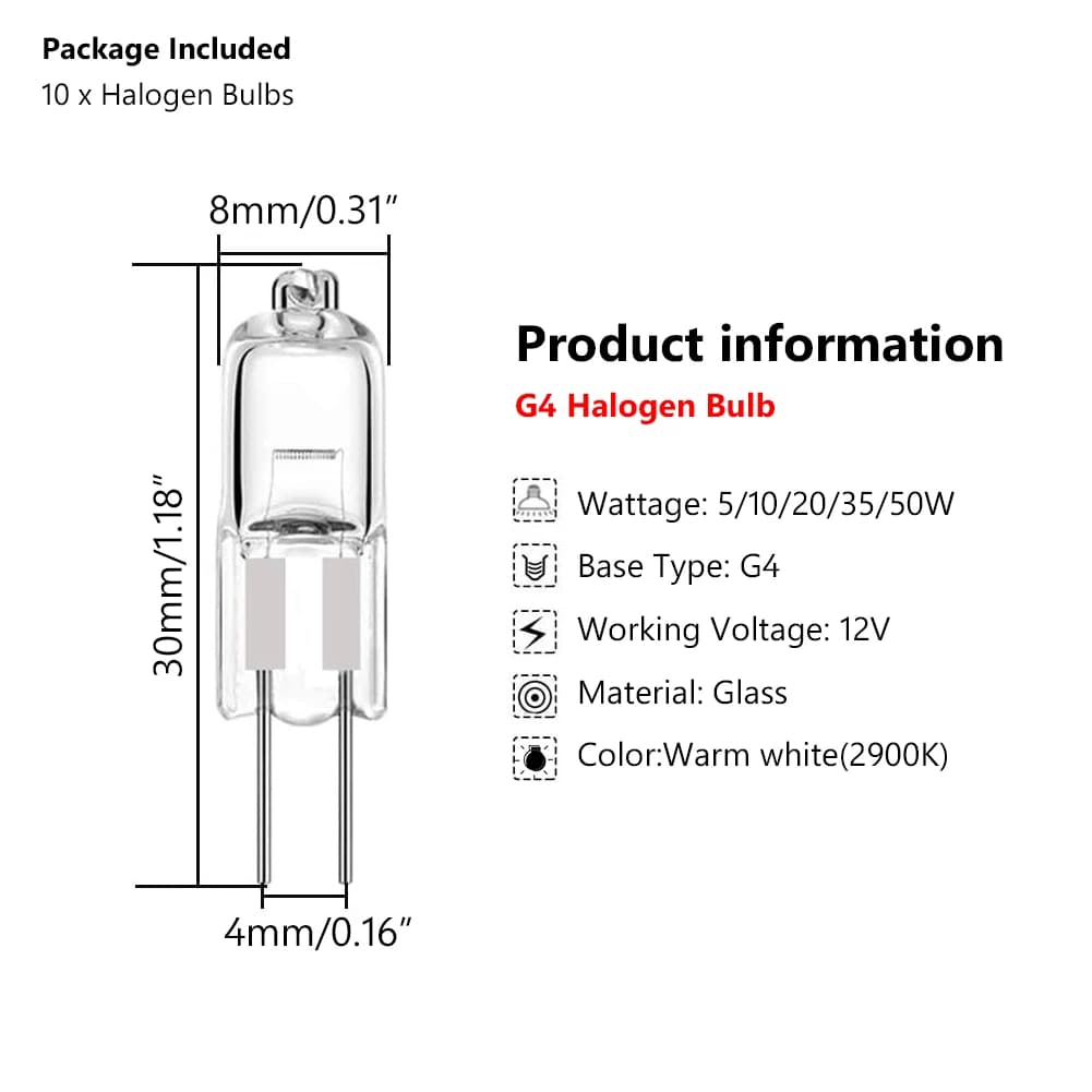 10 pièces ampoule halogène G4 12V 5W 10W 20W 35W 50W Globe Lot JC bi-pin LED blanc chaud remplacer L
