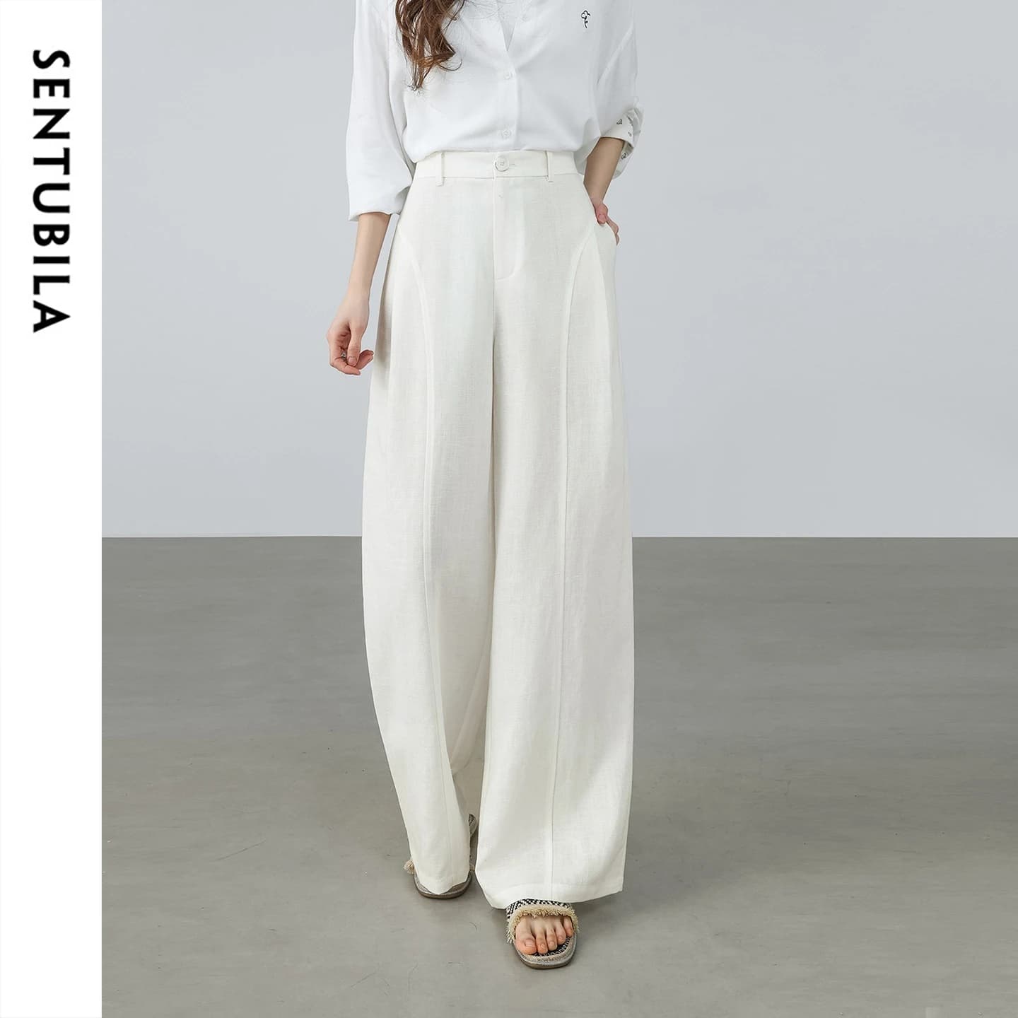 Pantalon blanc pour femme SENTUBILA, mélange lin et lyocell, coupe large, tendance printemps 2026, t
