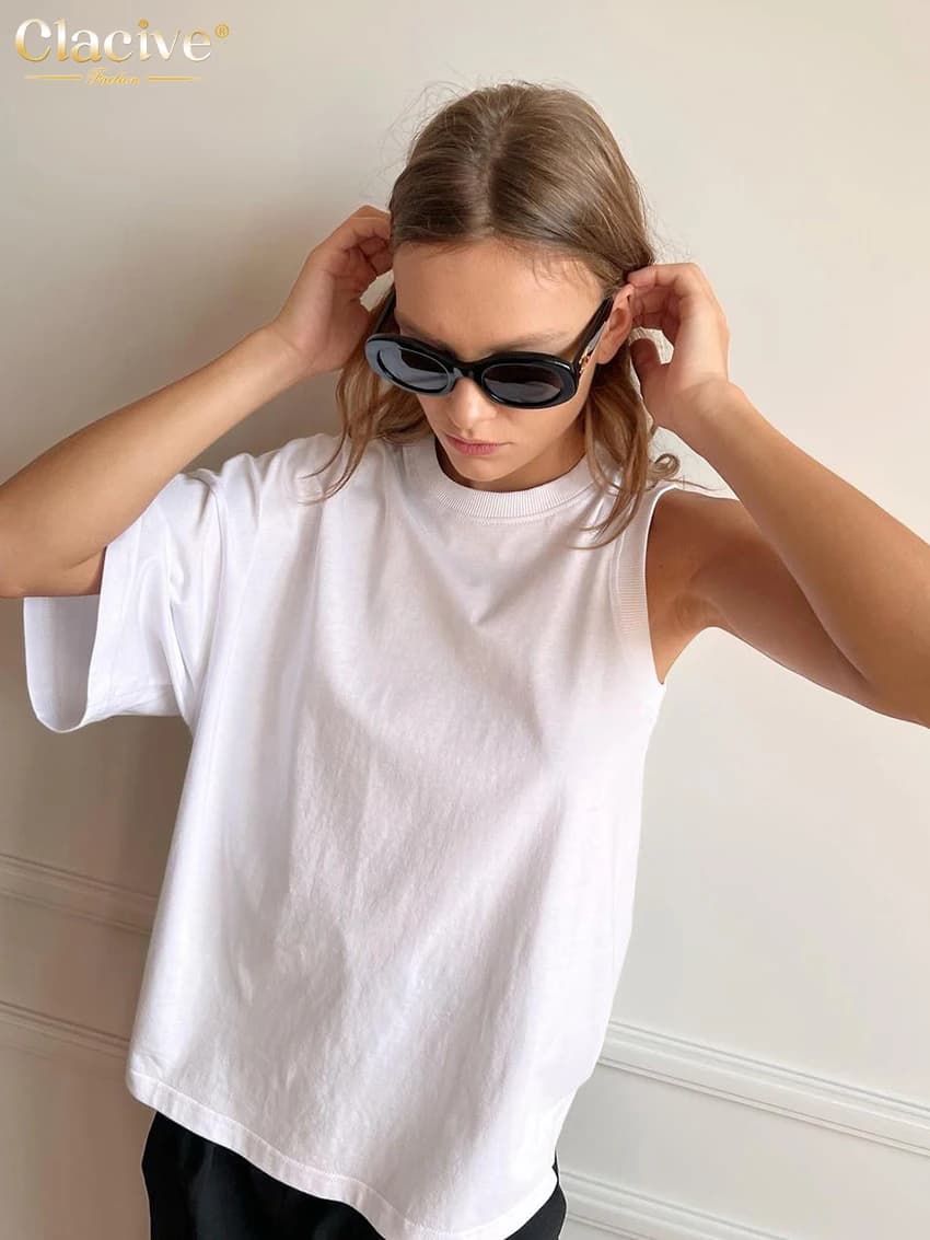 T-shirt manches courtes col rond femme, élégant, Chic, asymétrique, blanc, ample, à la mode, été, 20