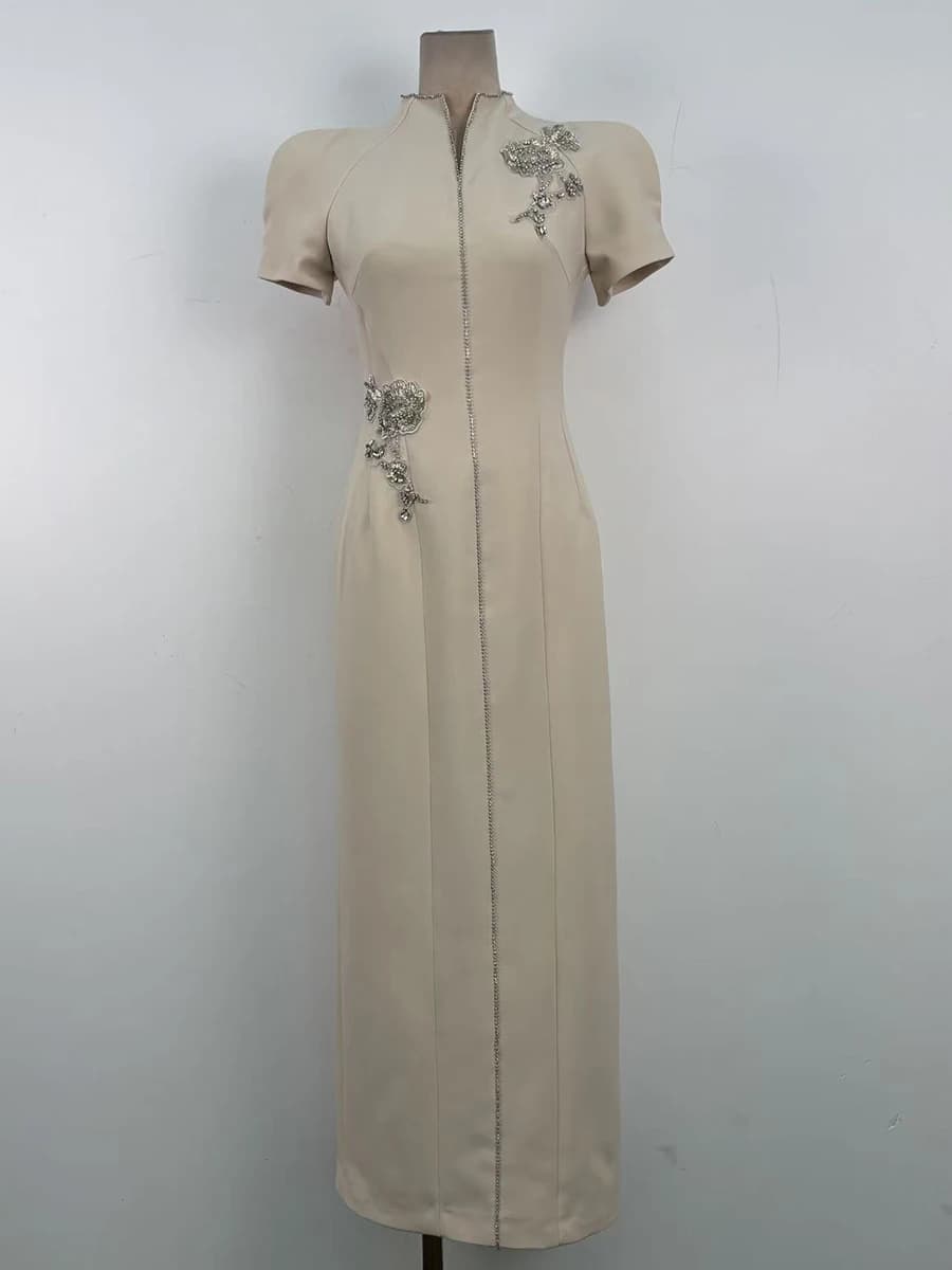 Robe amincissante TWOTWINSTYLE pour femme, col montant, manches courtes, patchwork brodé, ornée de d