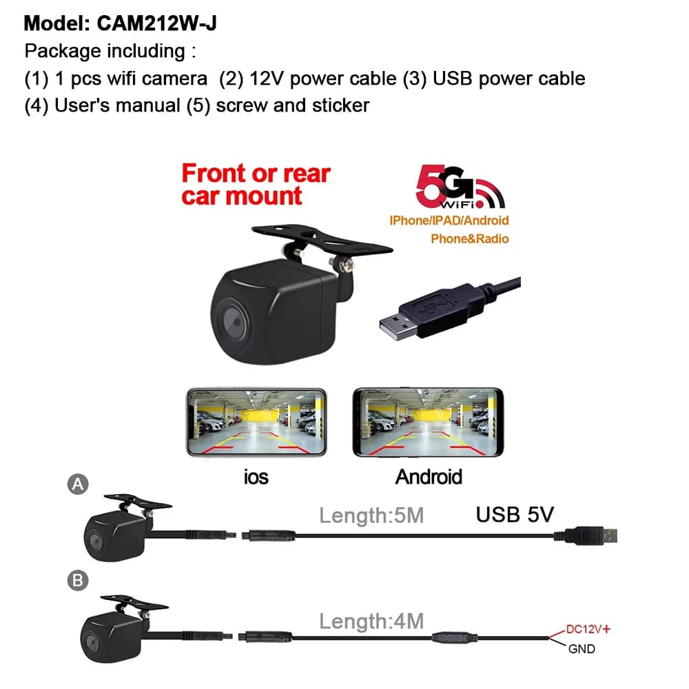 Carsanbo voiture Wifi5 HD Vision nocturne caméra de recul sans fil étanche Wifi caméra de recul 12V