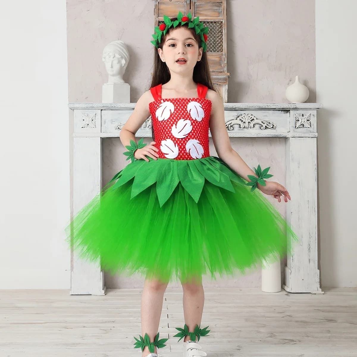 Costume d'Halloween pour filles, robe de fête hawaïenne à fleurs rouges et vertes avec couronne, ten