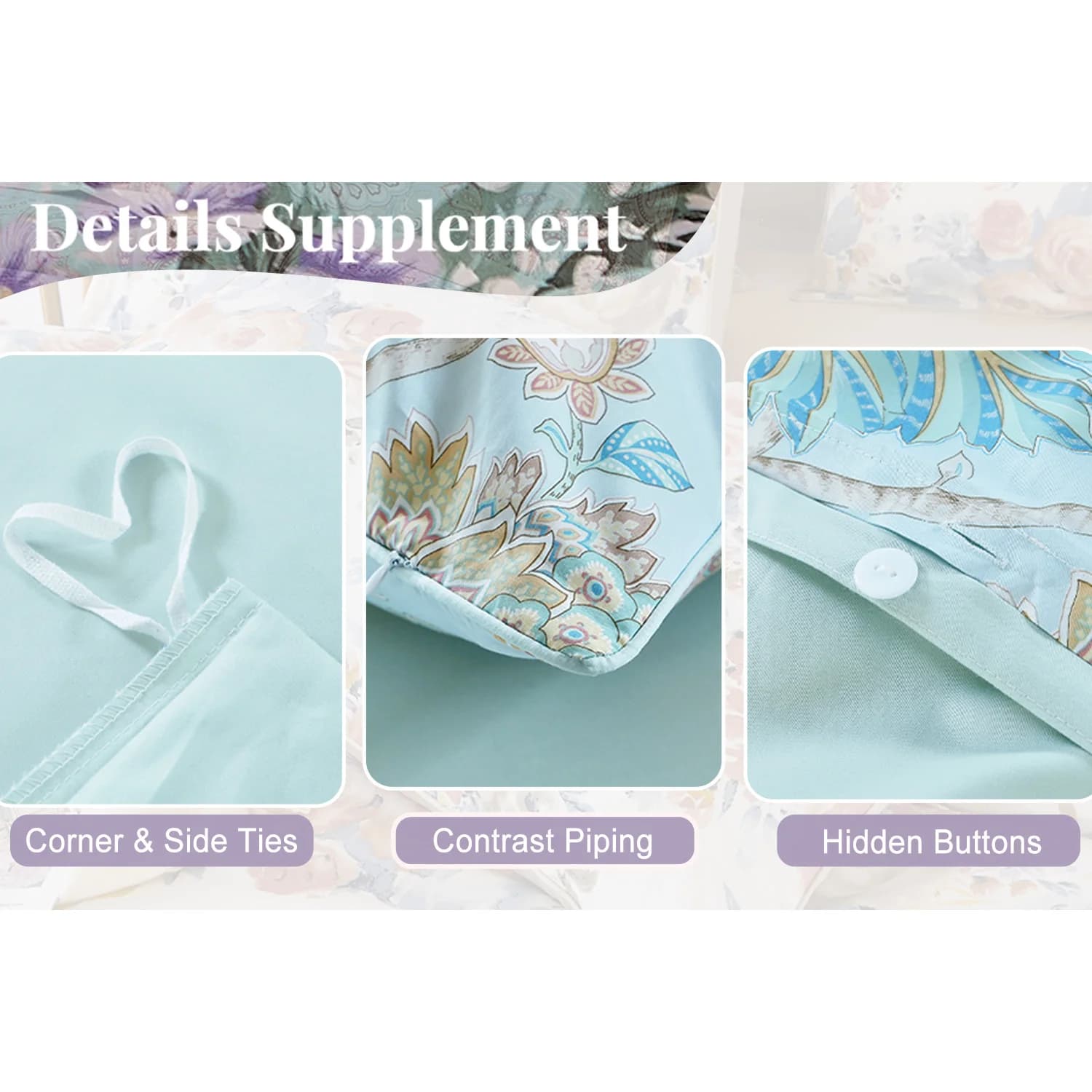 Ensemble de housses de sport en coton égyptien 600 TC 100%, sans noyau, motif floral de jardin bleu 