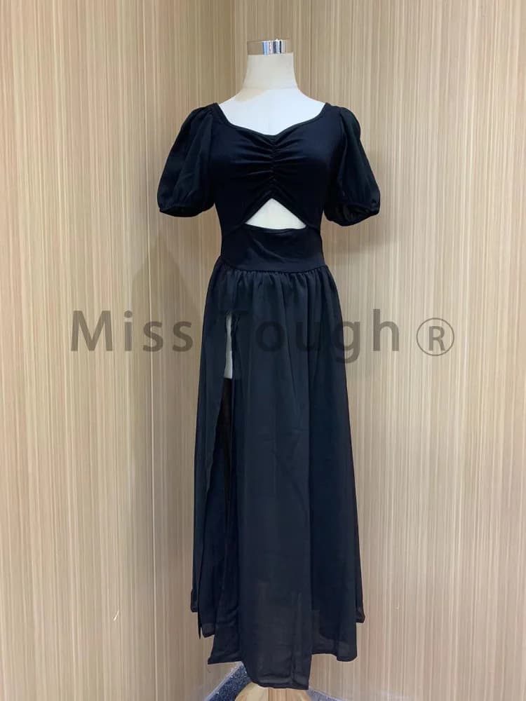 Robe noire vintage Y2k pour femme, robe mi-longue fendue, robe de soirée sexy, mode coréenne décontr