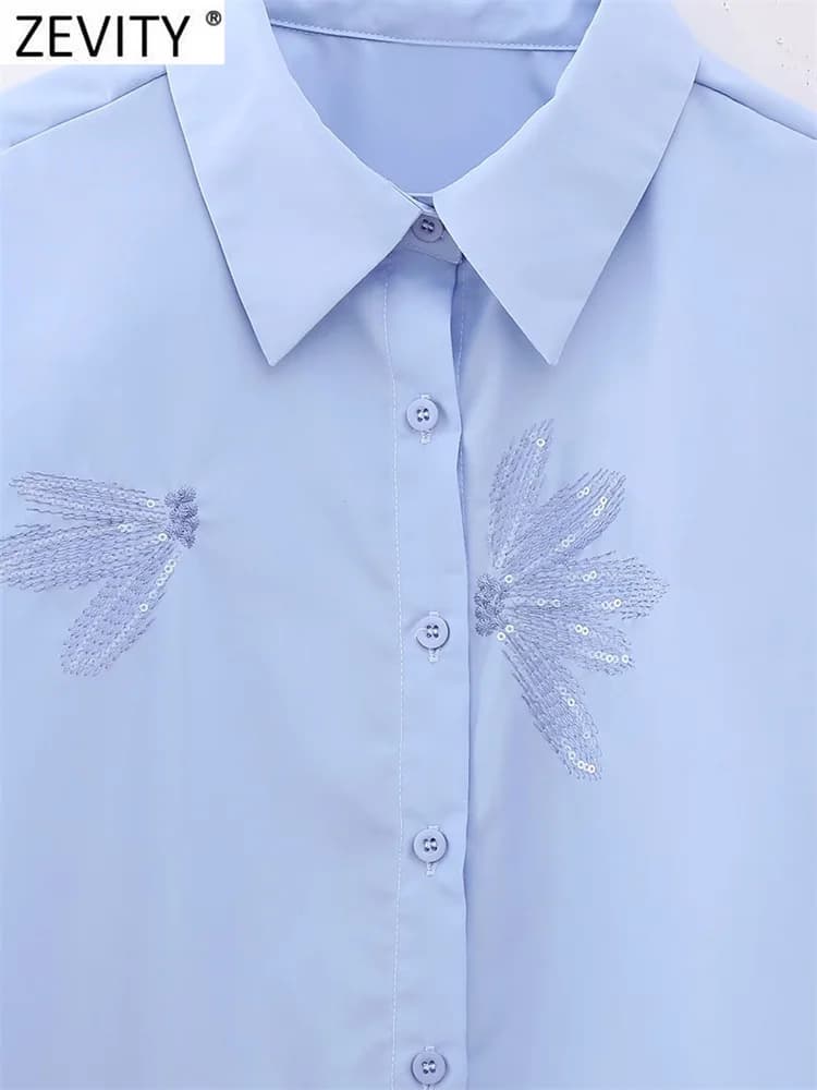 Zevity femmes mode paillettes fleur broderie courte Smock Blouse bureau dames Chic à manches longues