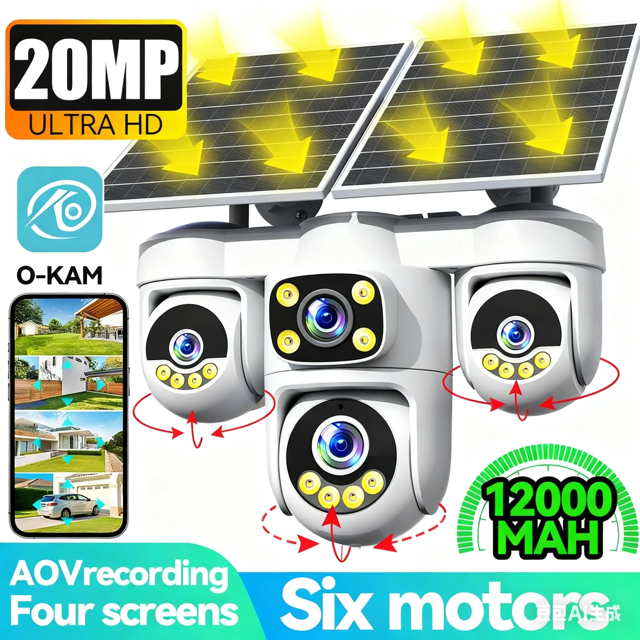 Pas de câblage nécessaire! Caméra de sécurité solaire 20MP, 360 °   Suivi automatique, puissance per