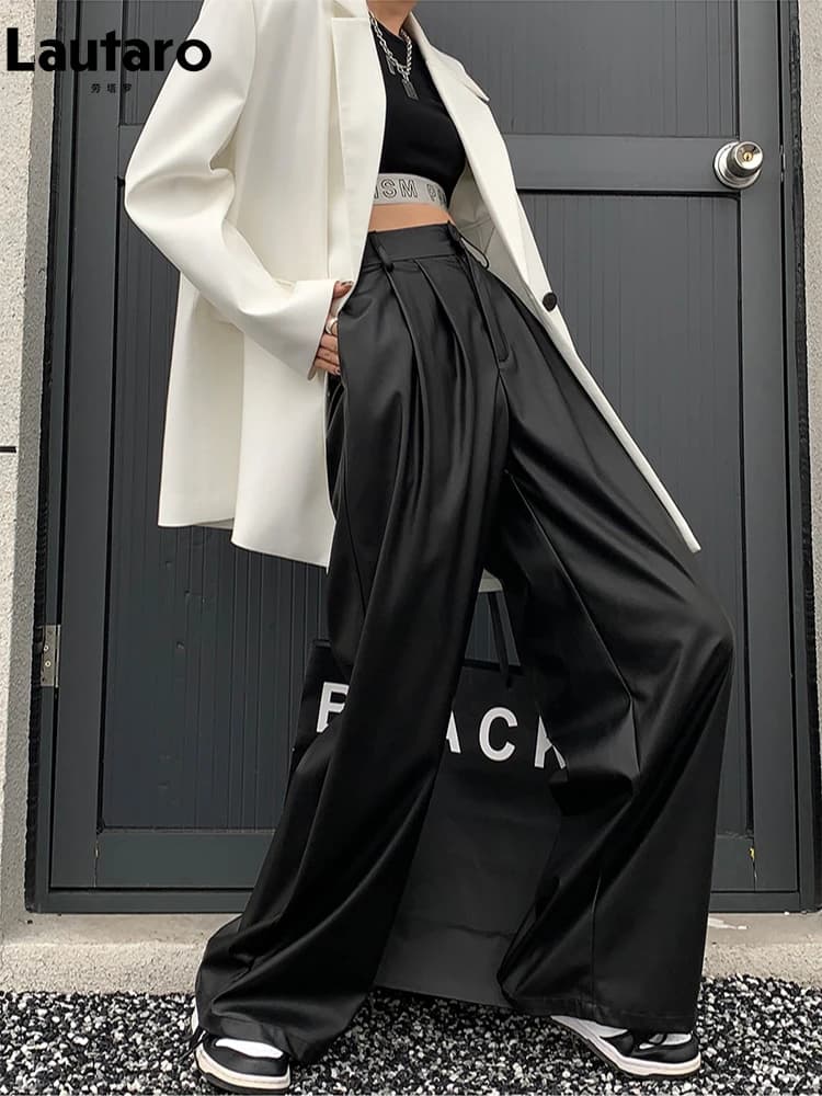 Lautaro-Pantalon à jambes larges en cuir PU pour femme, décontracté, fluide, doux, noir, marron, tai