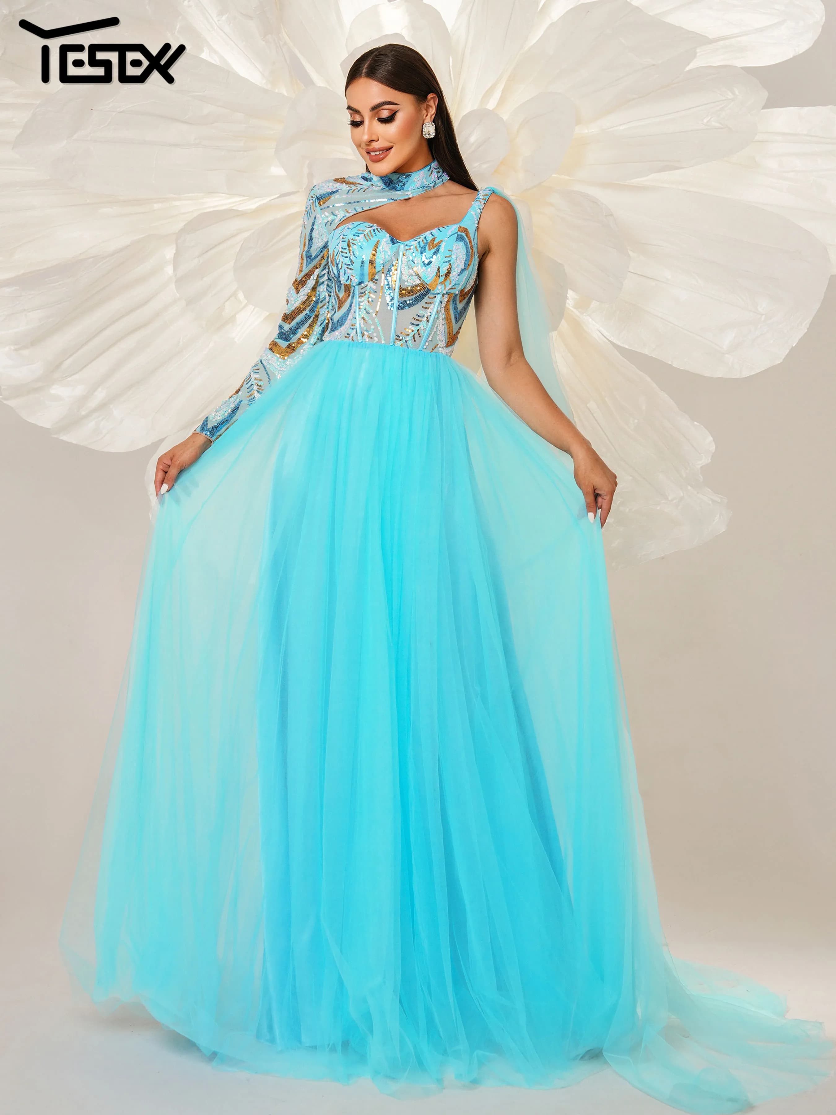 Robe de soirée asymétrique en tulle bleu Yesexy 2025, nouvelle collection, pour mariage, anniversair