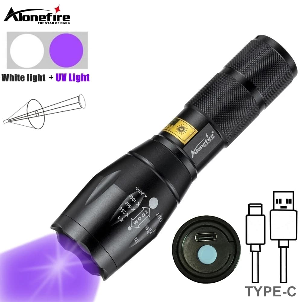 Zoom 2in1 UV 365 395nm + lumière blanche, lampe de poche d'éclairage, chargeur USB, chat, chien, Uri