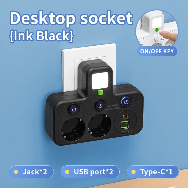 Prise de courant EU à 5 prises, sans rallonge, avec ports USB Type-C, deux spécifications