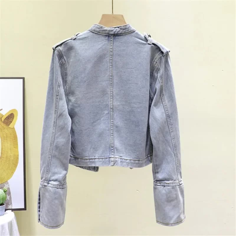 Printemps femmes col montant Double boutonnage Denim veste automne mince court jean veste noir à man