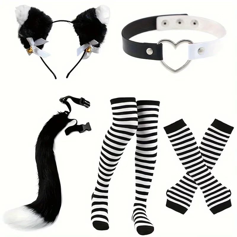 Ensemble de costumes de jeu de rôle à rayures noires et blanches, queue en fourrure, gants et chauss