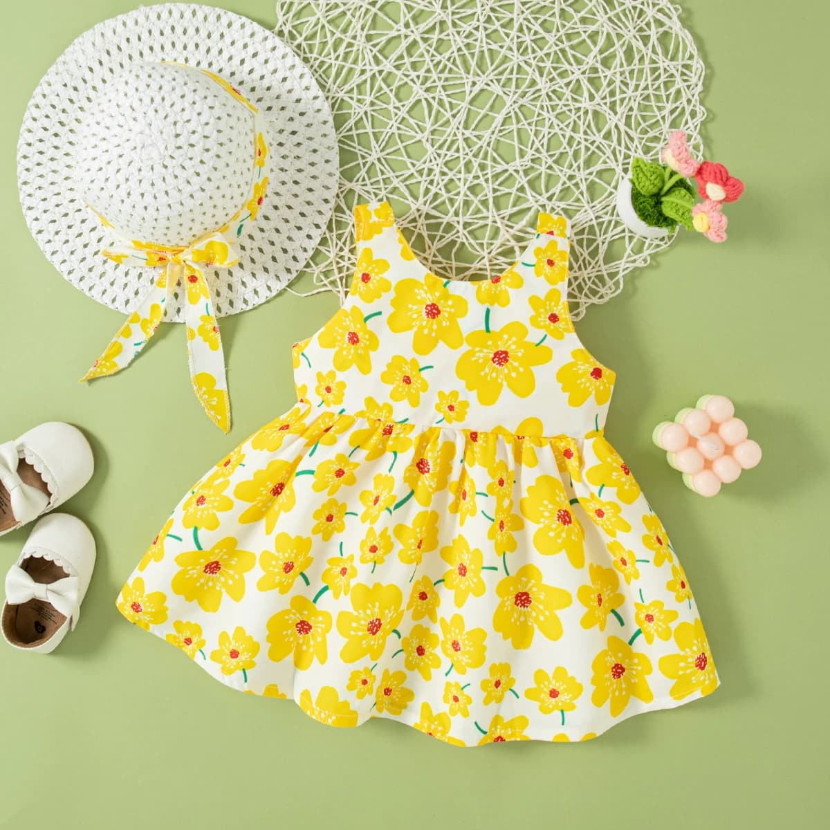 Robe florale pour petites filles de 0 à 2 ans, tenue d'été avec chapeau gratuit pour fête sur la pla