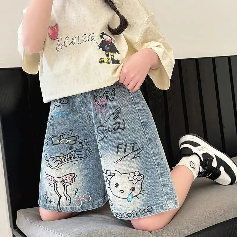Shorts en jean mignons Sanrio, style décontracté, imprimé Hello Kitty, nouvelle collection, pour enf