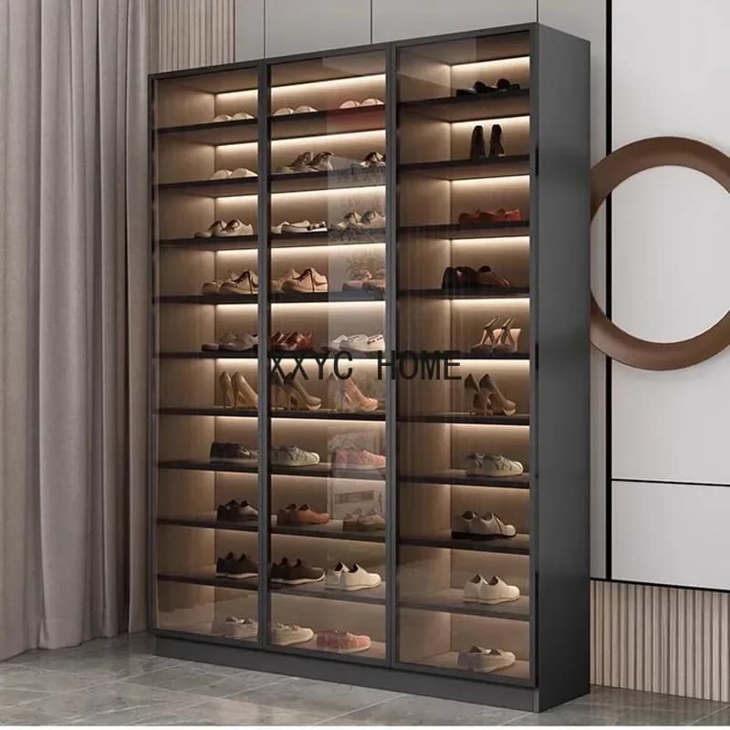 Armoire à chaussures de grande capacité, couloir fin, entrée, usage domestique, porte en verre verti