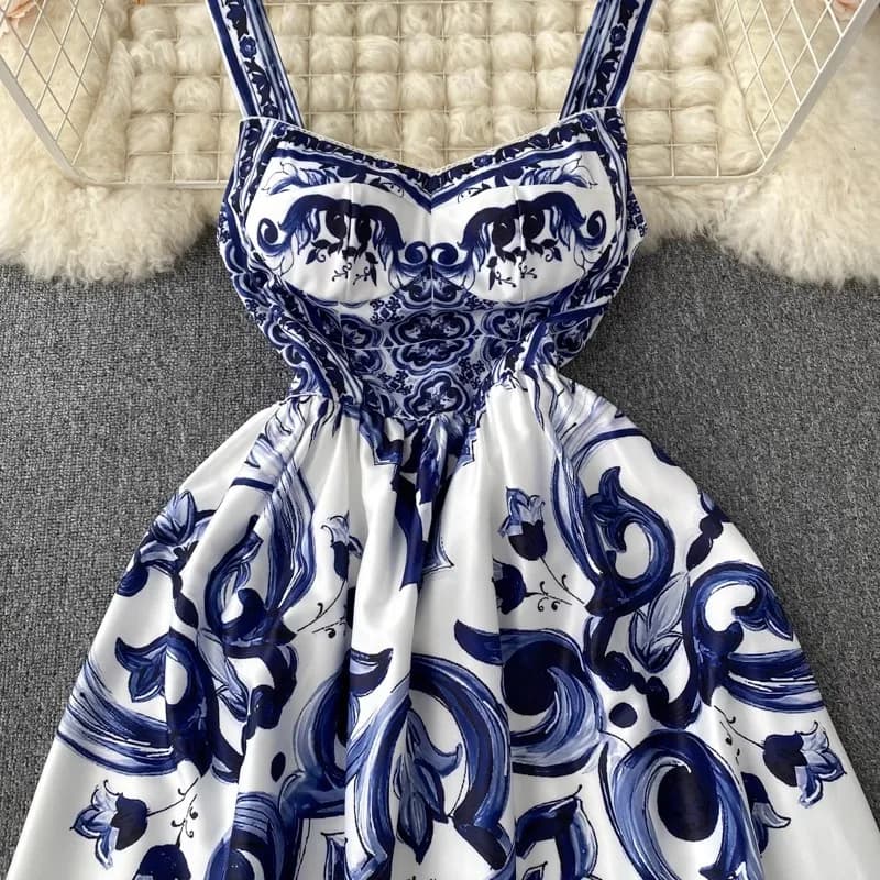 Robe longue de vacances pour femmes, col en v, imprimé rouge, bleu et blanc, bretelles Spaghetti, ét