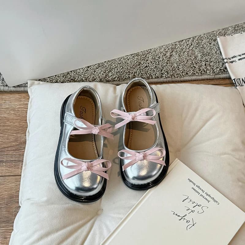 Printemps Fille Mary Janes Argent Noir Bowvétérans t Élégant Enfants Chaussures En Cuir Chunky Rond 