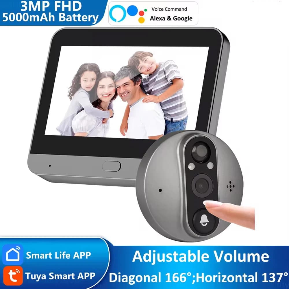 3MP Tuya Smart Life APP maison batterie WiFi vidéo numérique porte judas visionneuse PIR IR sonnette
