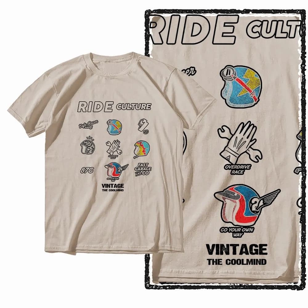 G72 T-shirt graphique moto col rond homme en coton beige |    T-shirt Cool pour hommes, Streetwear, 