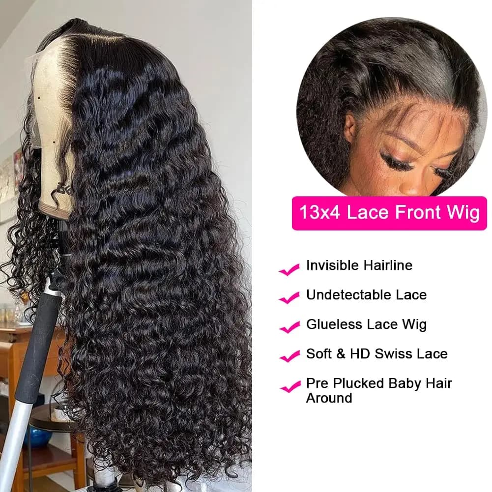 Perruque Lace Wig Remy Deep Wave Transparente pour Femme, Cheveux 100% Naturels, Bling, Densité 200,