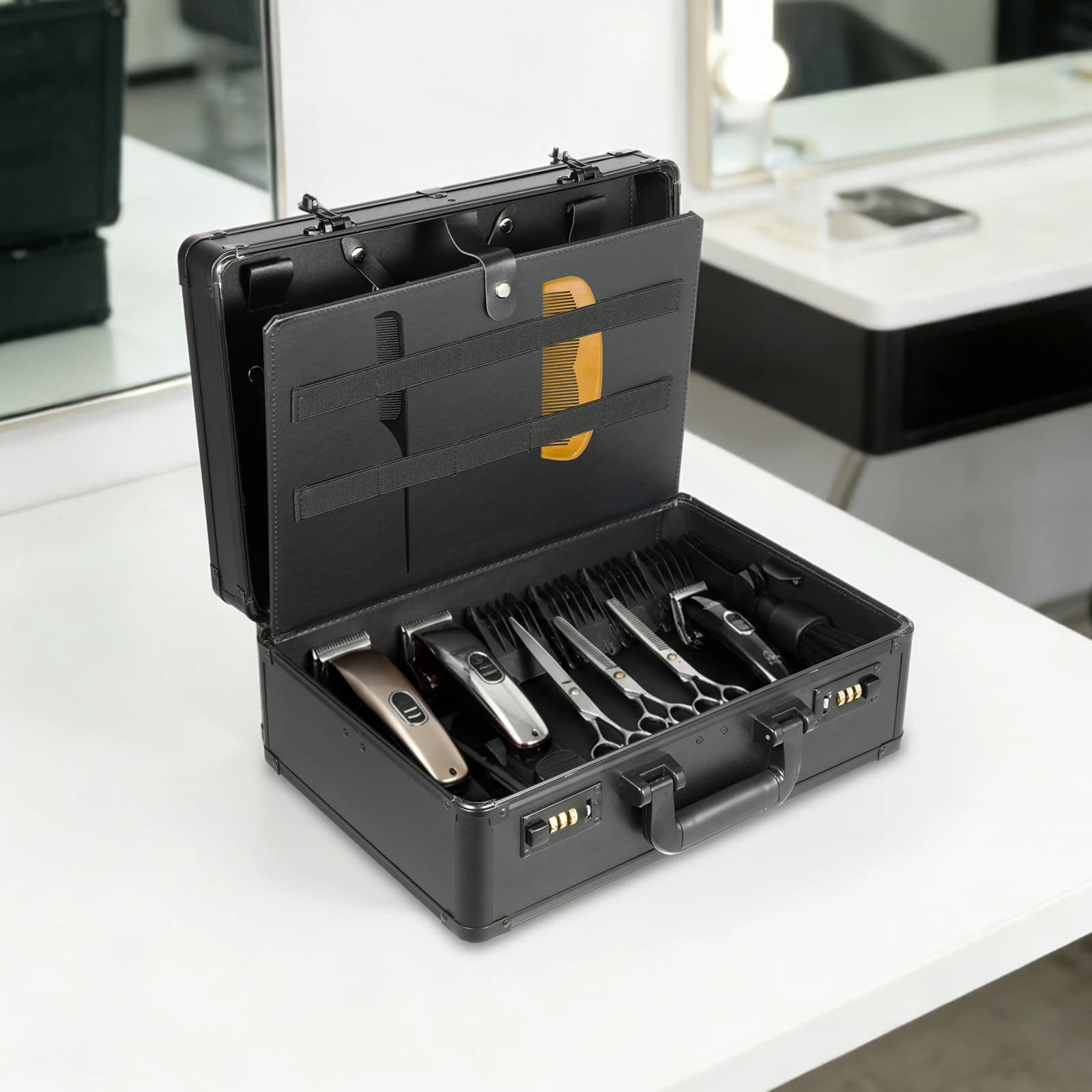 Boîte à outils de coiffure professionnelle multicouche noire, étui de rangement pour barbier, organi