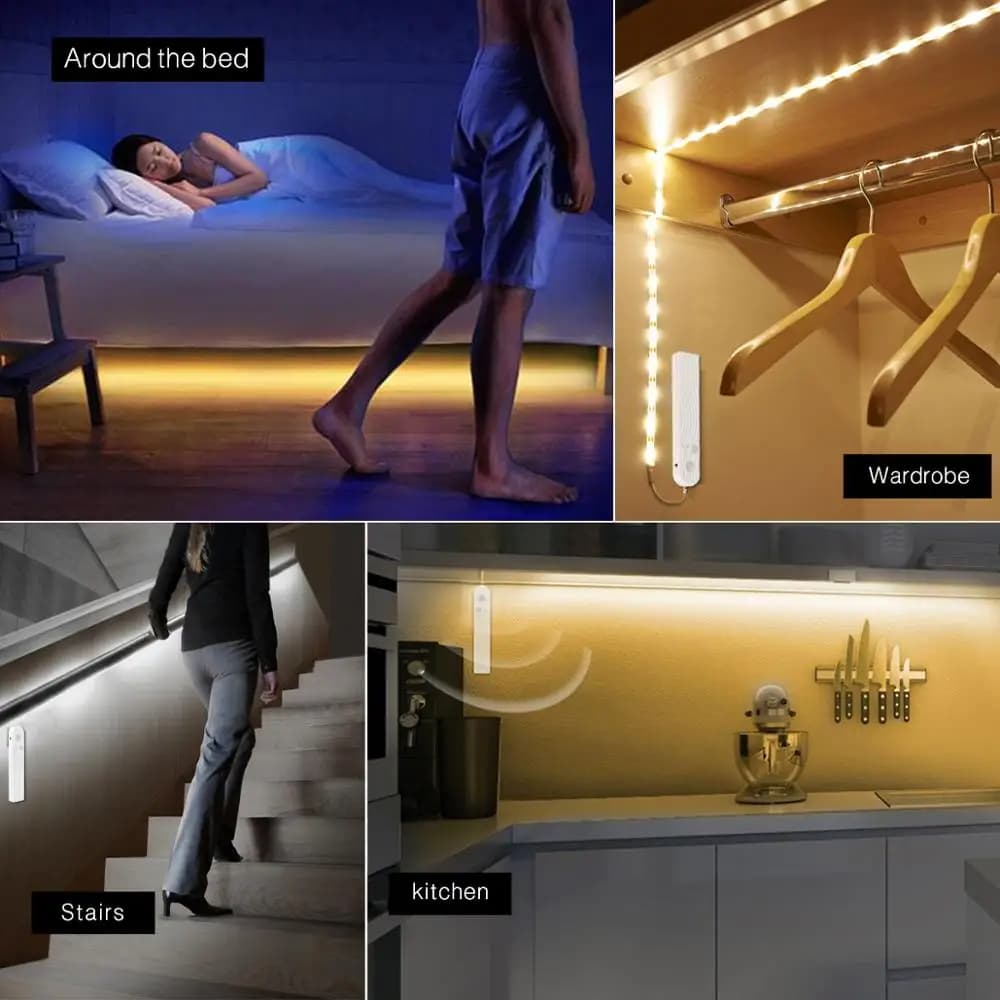 Bande lumineuse LED avec détecteur de mouvement PIR sans fil, pour armoire sous le lit, escaliers, p