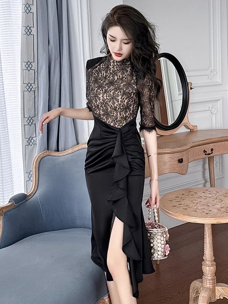Robe mi-longue de Style rétro pour femmes, noire, dentelle transparente épissée, Satin, à volants, f