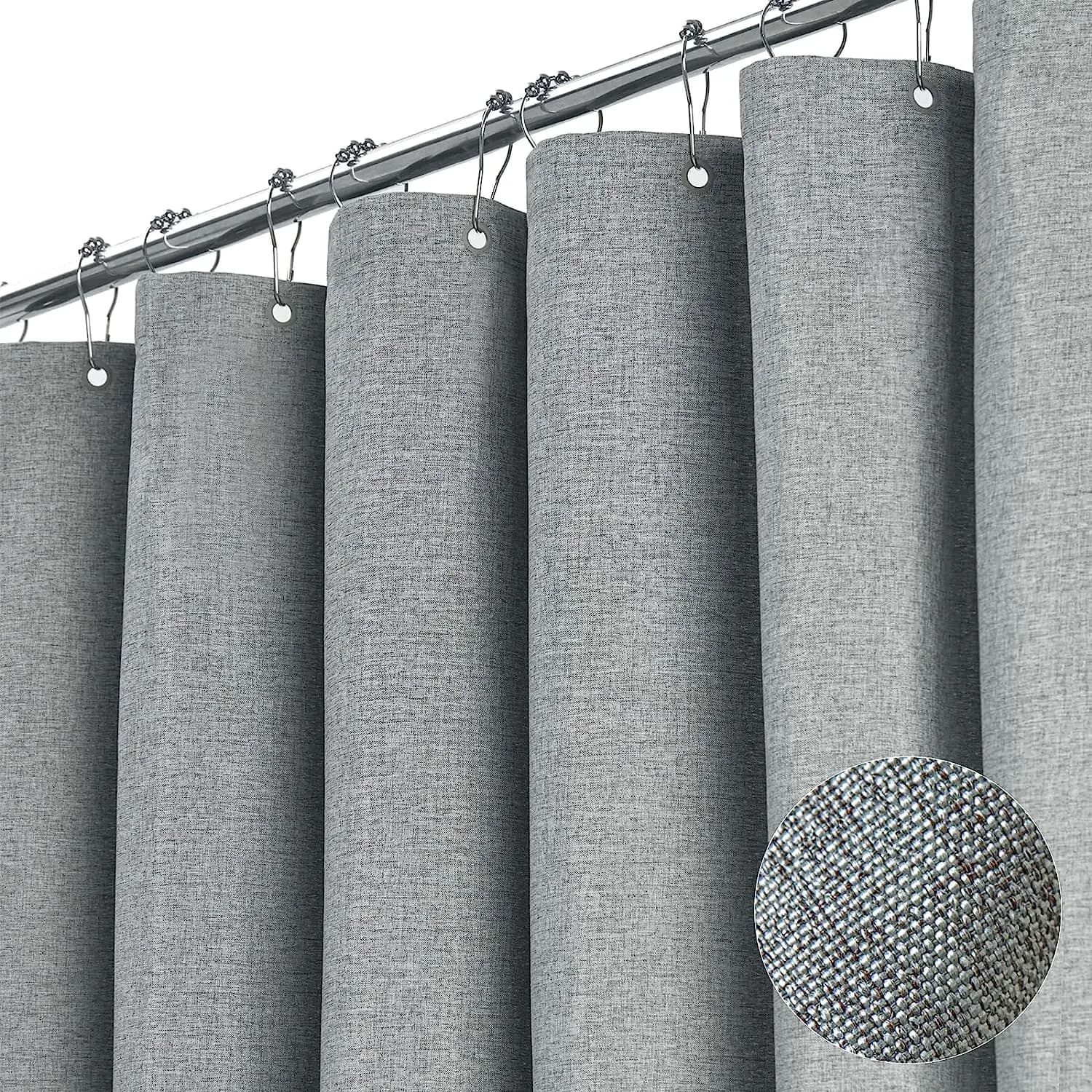 Rideau de douche en lin de luxe avec crochets en métal argenté, tissu optique imperméable, grande ho