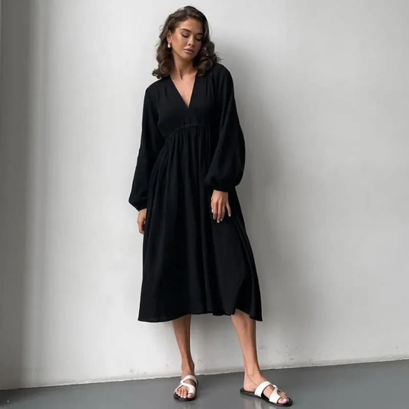 Robes élégantes en mousseline de coton pour femmes, manches longues, col en V, décontracté, fête, va