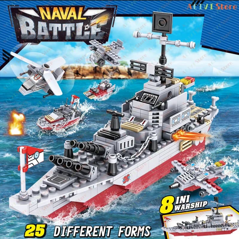Chariot de guerre de la marine, bateau de l'armée, modèle d'avion, blocs de construction de navires 