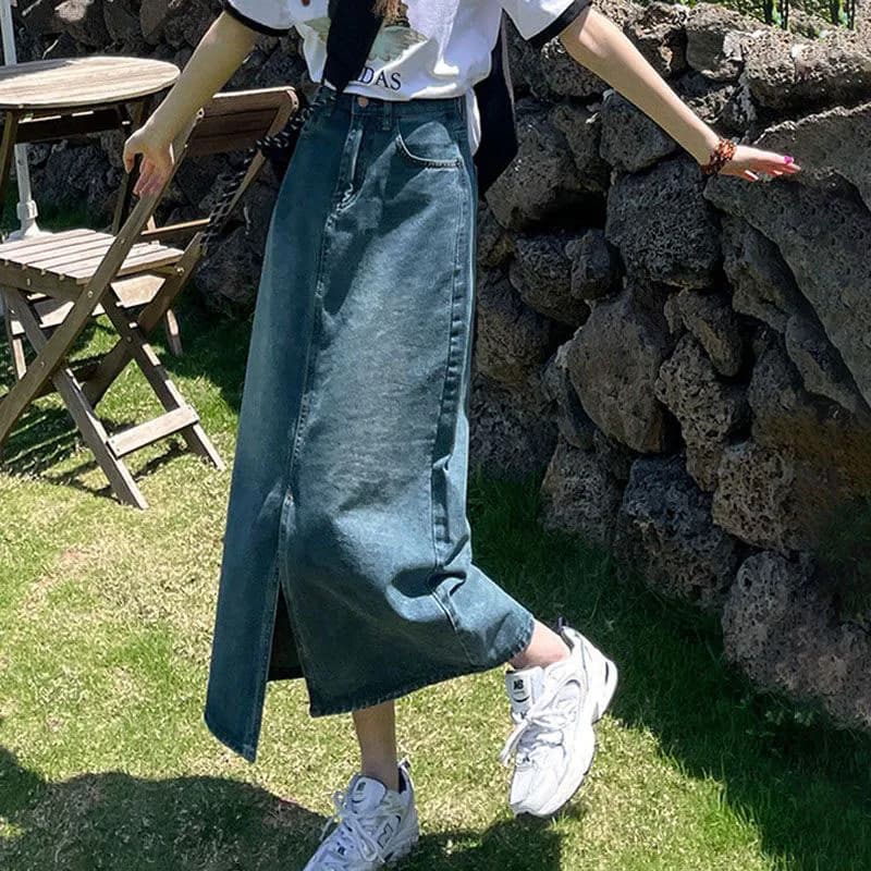 Xpqbb-Jupe Midi en Denim pour Femme, Taille Haute, Fente Frontale, Longue, Coréenne, Streetwear, Déc
