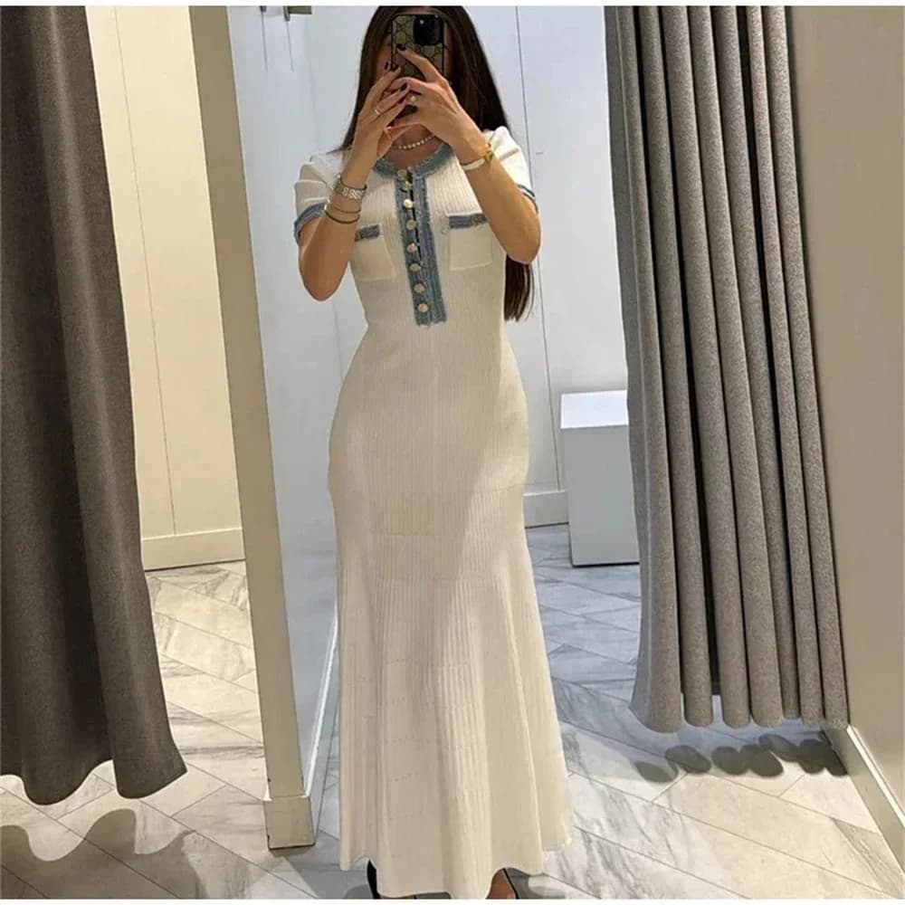 Robe Maxi en tricot pour femmes, élégante, contrastée, Chic, col rond, manches courtes, boutons méta