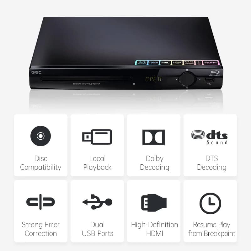 GIEC-Lecteur Blu Ray G2805, DVD, VCD, CD, prend en charge les notaires Dolby DTS, USB Huit, disque d