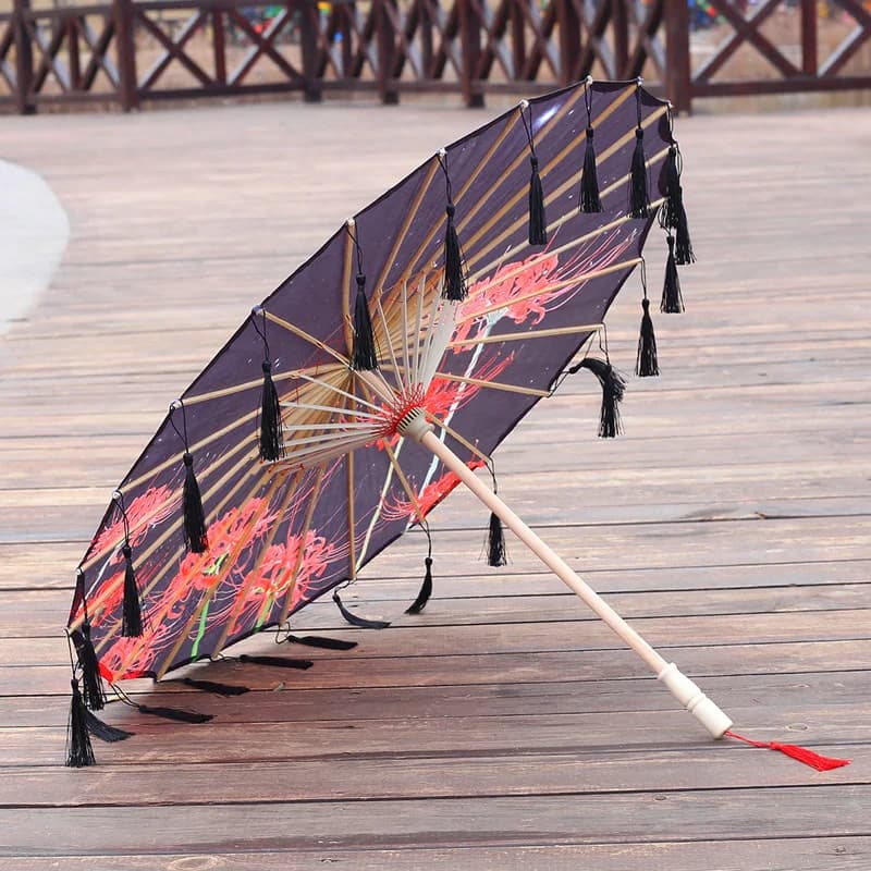 Parapluie en tissu de soie 82CM, pompon, Cosplay Hanfu, papier à l'huile, Style chinois ancien, Styl