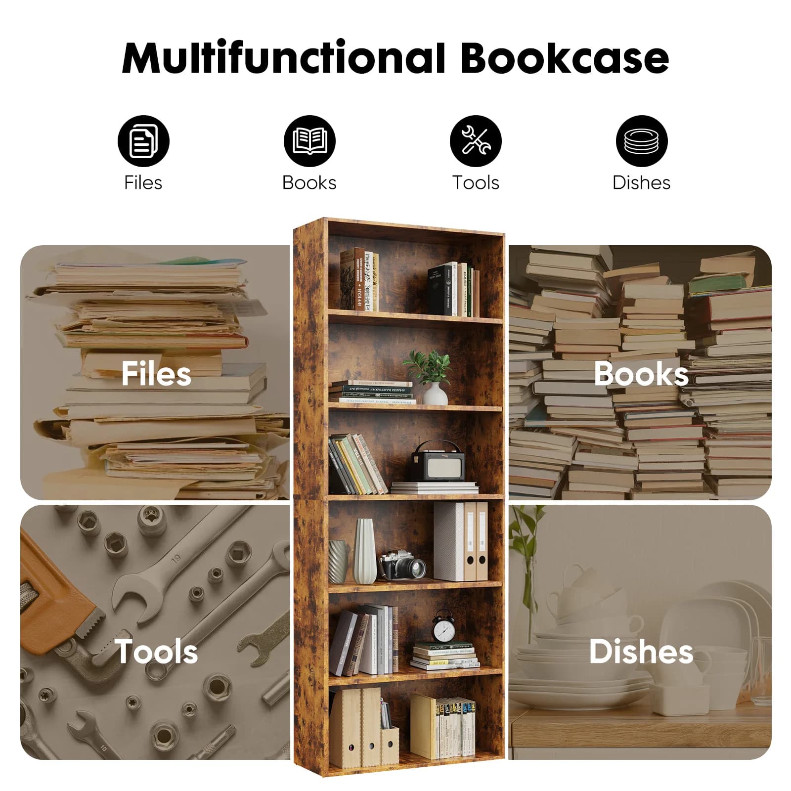 JHK Bibliothèque à étagère en bois à 6 niveaux, bibliothèque ouverte sur pied de 63 pouces de haut p