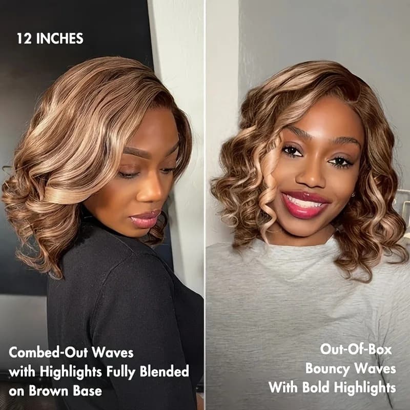 Perruque Bob Ombrée Cheveux Humains 4/27 Mèches Blond Miel Ondulées Profondes Perruques Bob Lace Fro