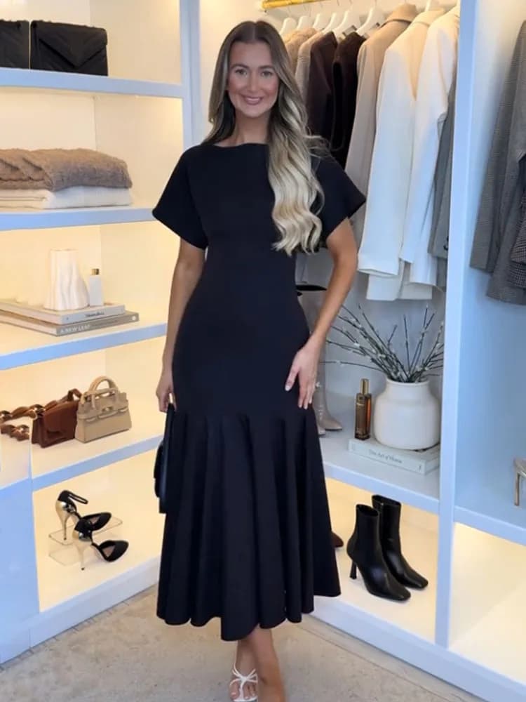 HH 2026 Robe midi plissée unie pour femme, mode été, avec fermeture éclair latérale, manches courtes