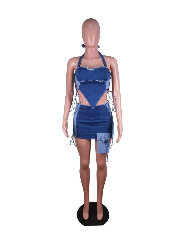 Ensemble jupe et haut en denim bleu pour femme, tenue 2 pièces évidée, sangle sans bretelles, mini j