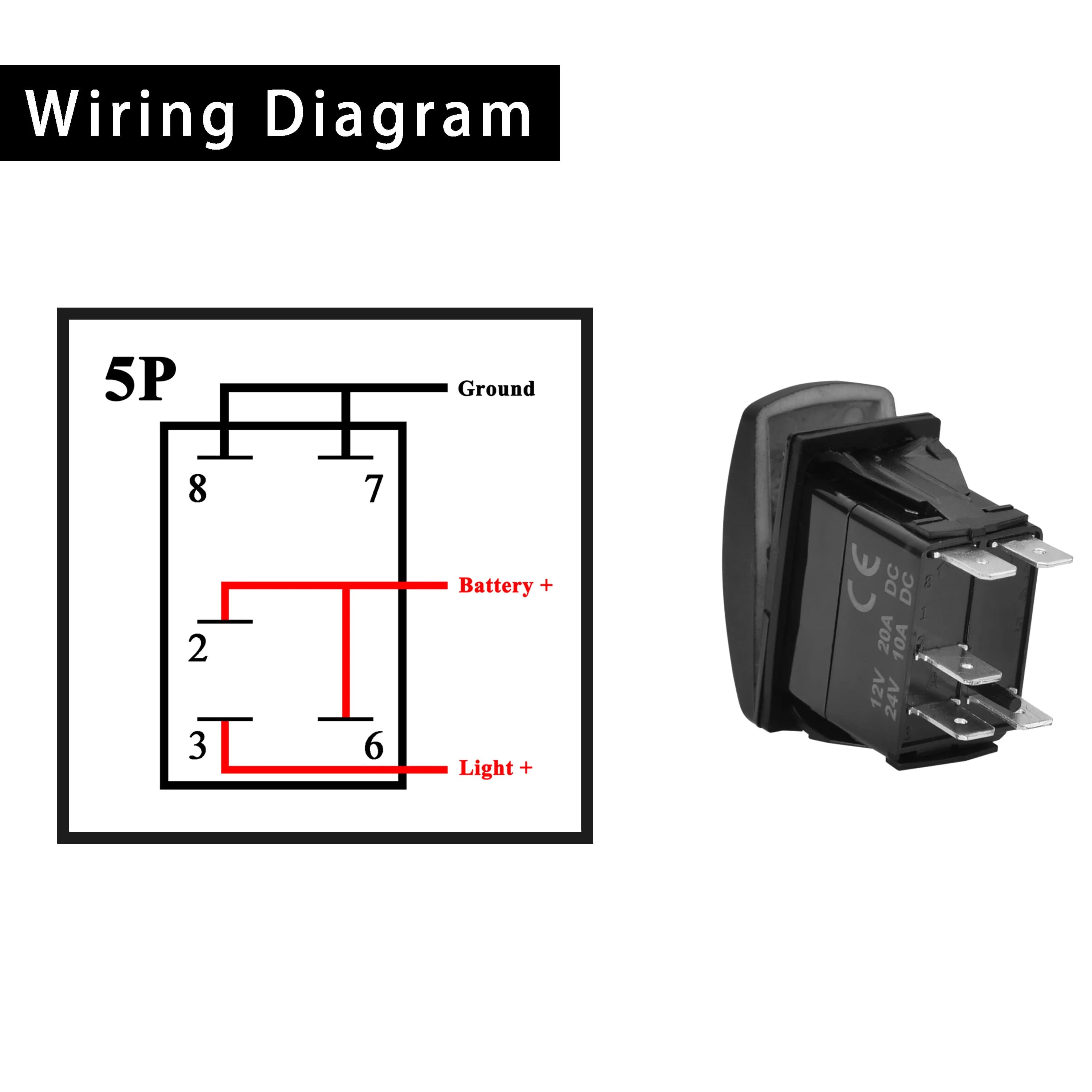 Klaxon interrupteur à bascule 12V rouge Led SPST 5 broches momentané (ON) OFF pour voiture bateau ma
