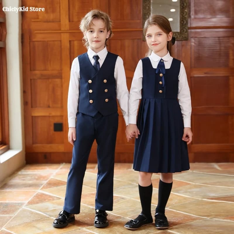 Garçons britannique Double boutonnage gilet costume pantalon filles robe enfants étudiant vêtements 
