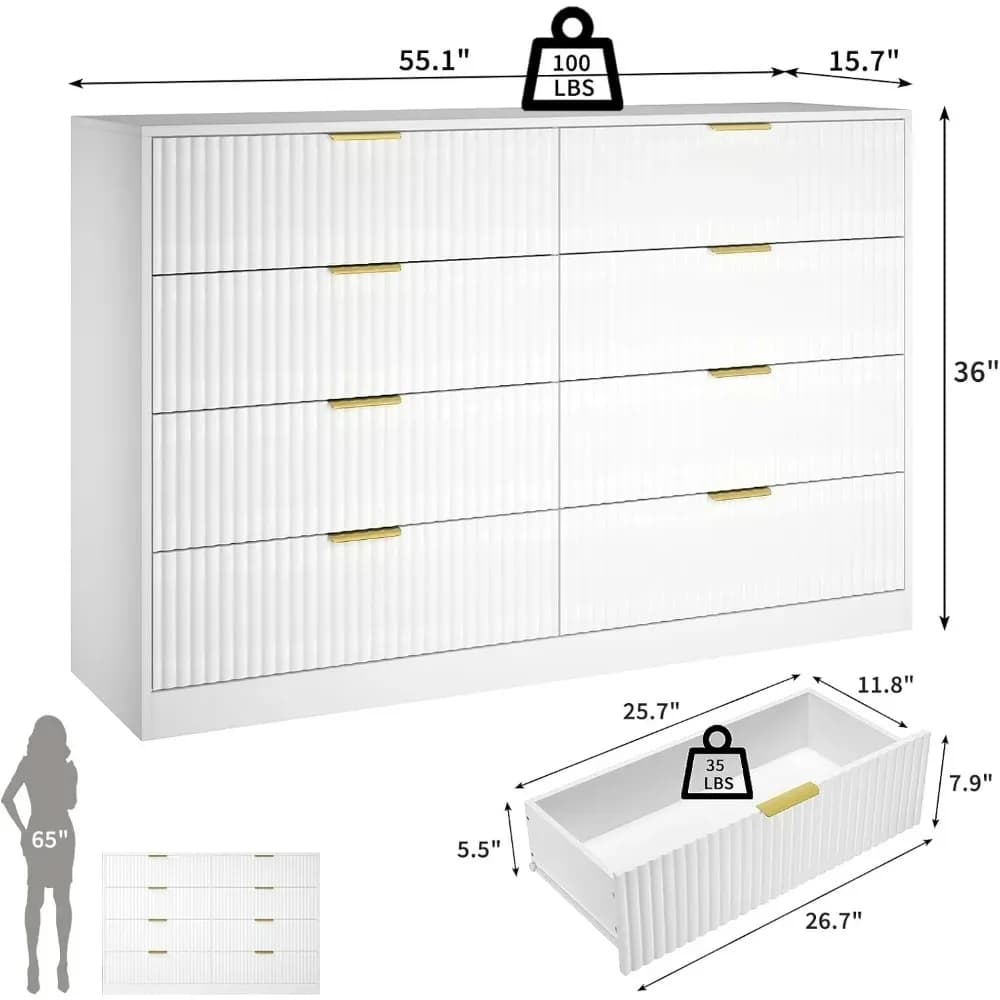 Commode cannelée pour chambre à coucher avec 8 tiroirs, commode double blanche de 55 pouces de large