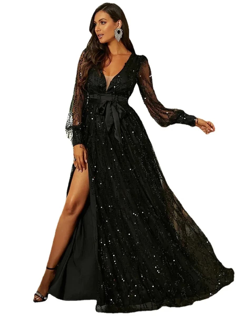 InjMesh Sequin Display Banquet fur s for Women, Robe de soirée, Robe longue, Noir, Élégant, Indépend