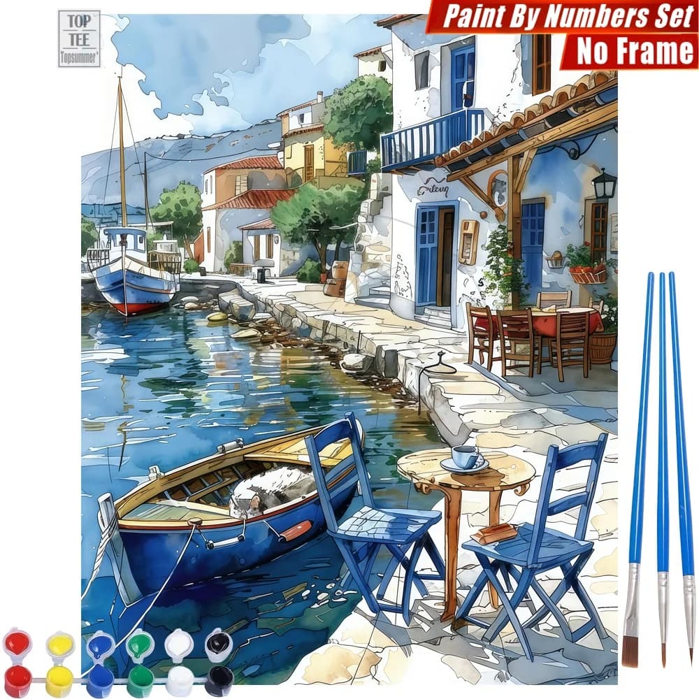 Kit de peinture à l'huile numérique DIY Maisons Blanches Méditerranéennes - Décoration de chambre Ma