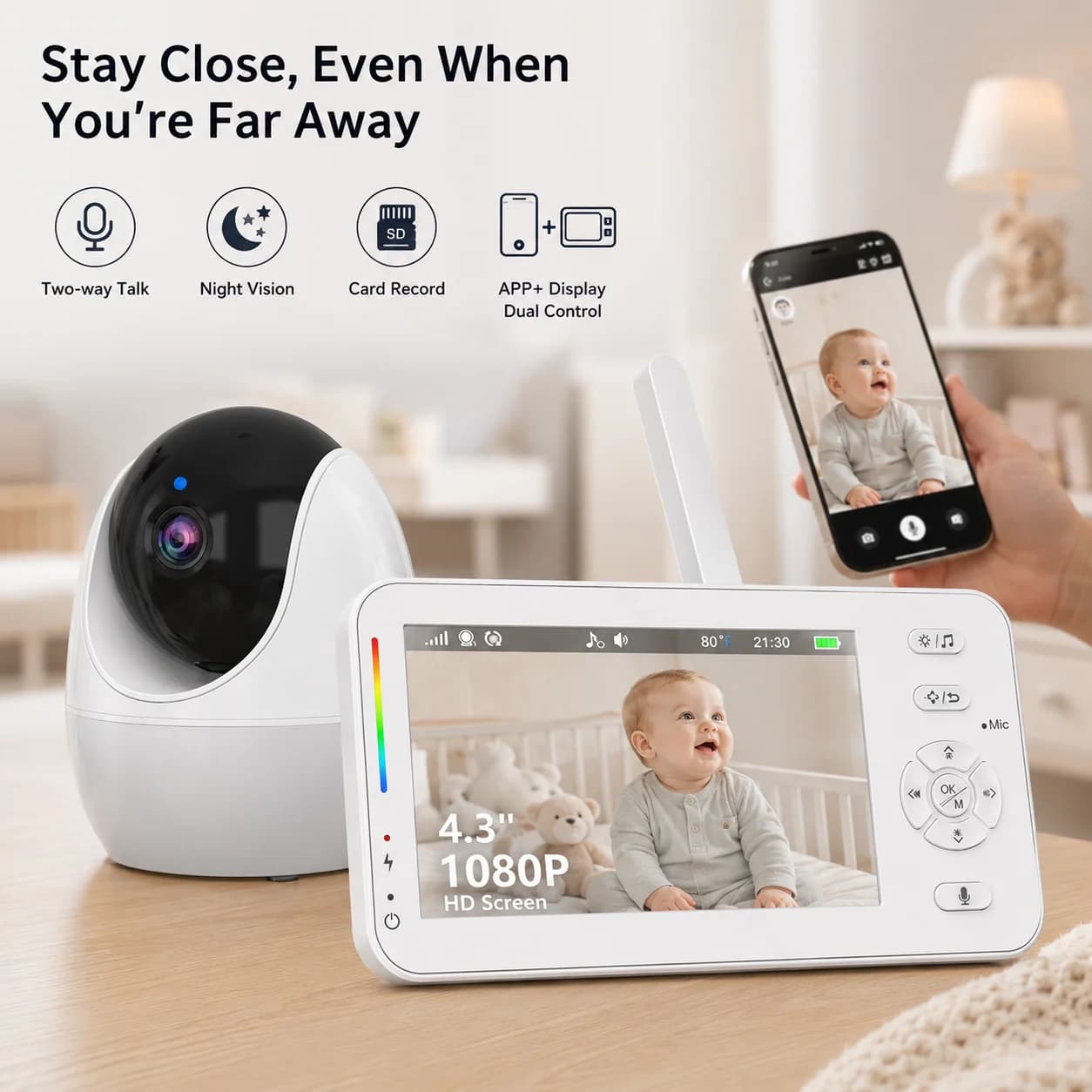 Moniteur Bébé WiFi 1080P avec Écran 4,3'' et Contrôle Double via Application, Vision Nocturne, Berce