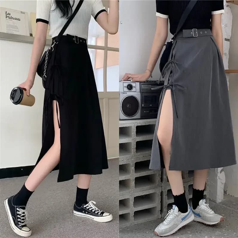 Jupes mi-mollet à fente haute gothique foncé vintage pour femmes, mode élégante, fête, club, taille 
