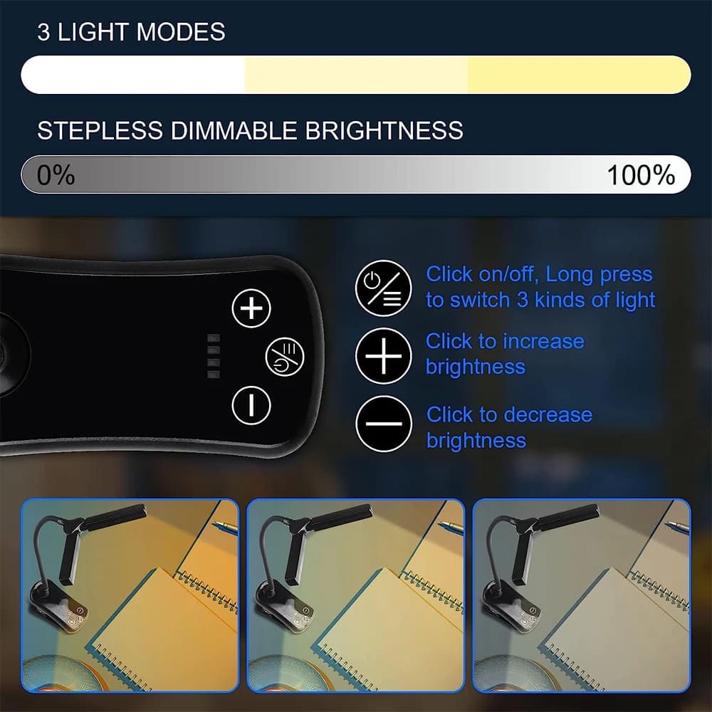 14 LED Clip sur livre lumière 3 couleurs 8 luminosité Usb Rechargeable veilleuse Portable lampe de l