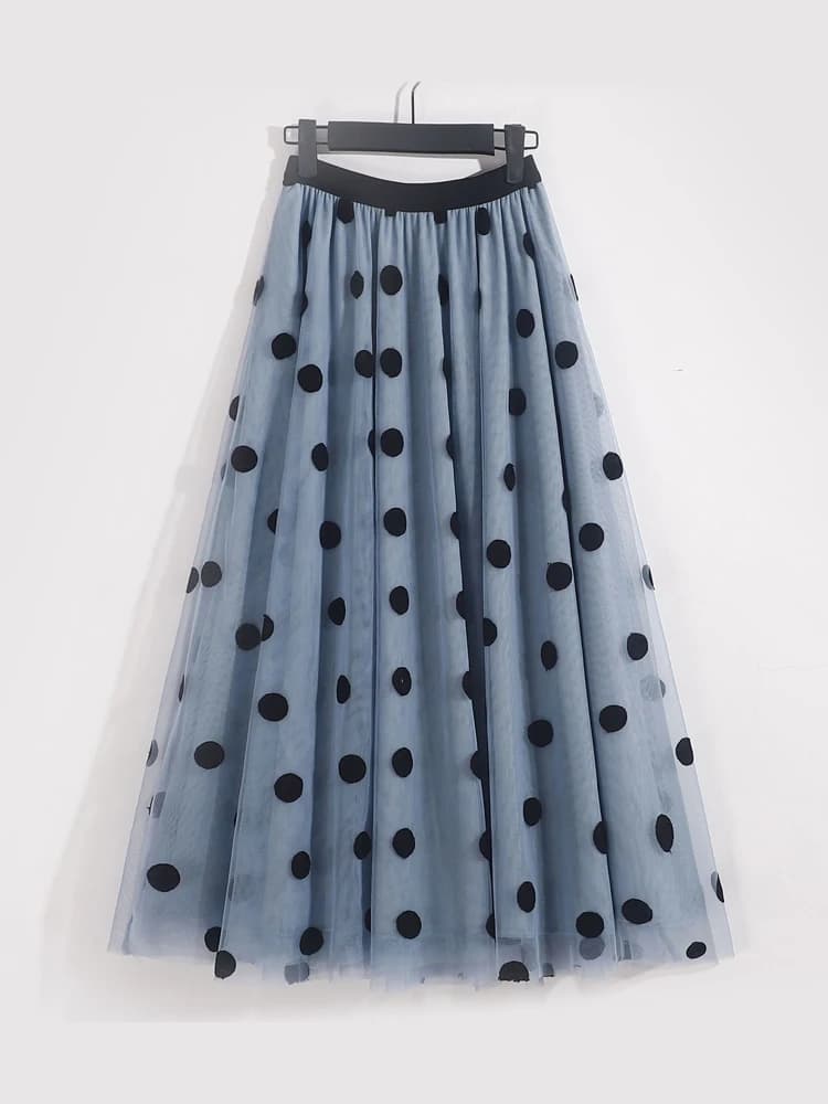 Jupes mi-longues élégantes brodées à pois pour femmes, jupe trapèze femme, taille haute, maille 3 co