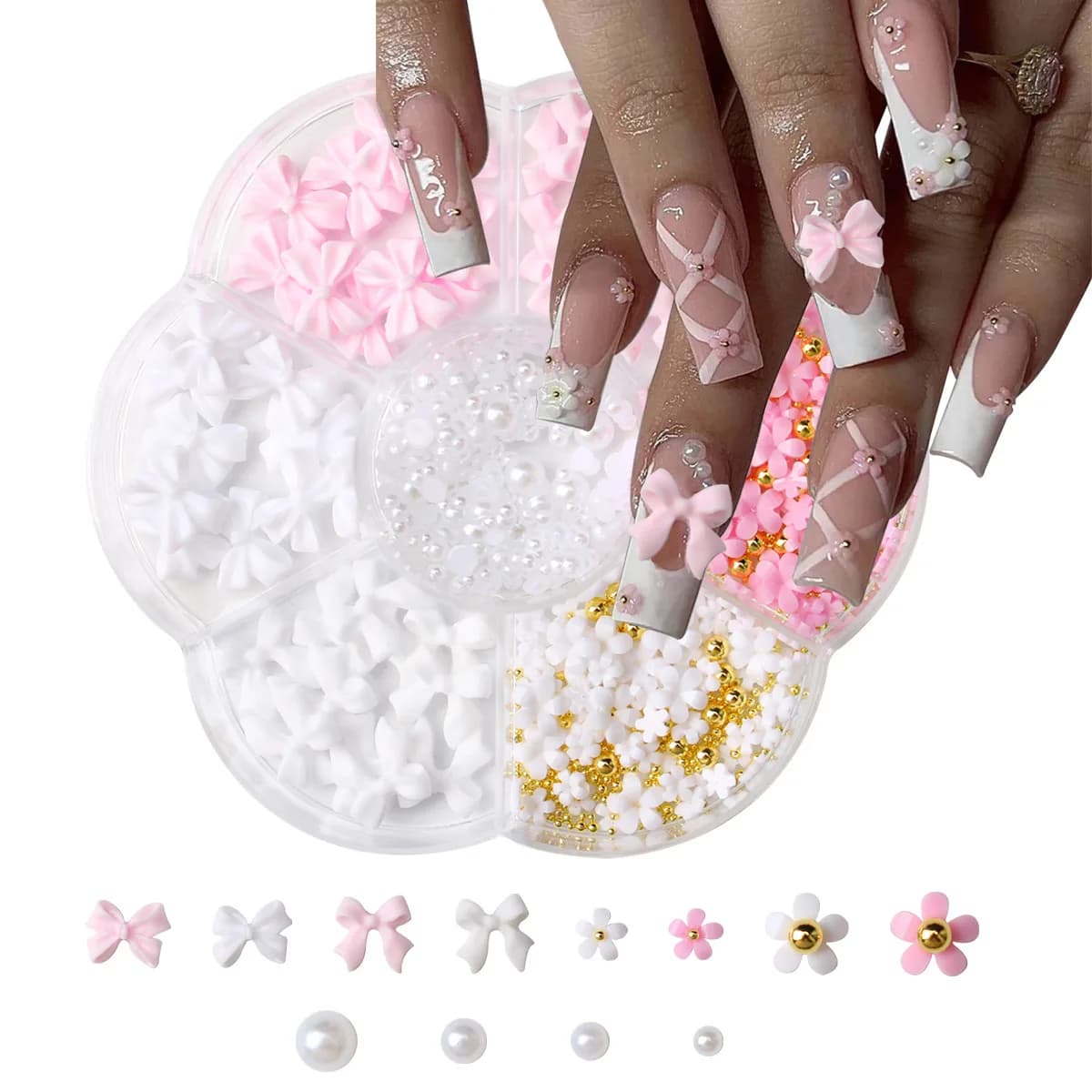 Kit de décorations pour ongles avec nœud floral 3D, 1 boîte, rose/blanc, acrylique Floral/perles de 
